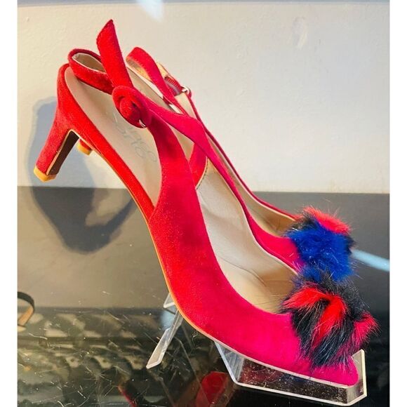 Franco Sarto Suede Slingback Heels Size 8.5 M NWT 3" Heel Red With Faux Fur Poof - Picture 6 of 11
